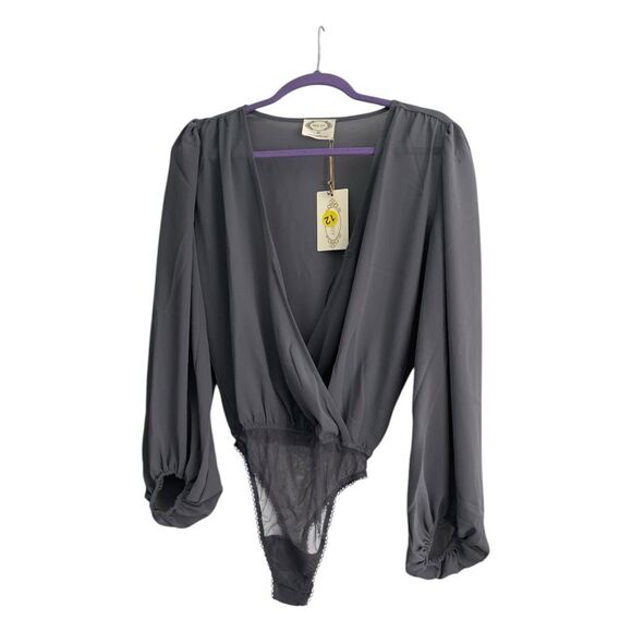 Mia Joy Joyfolie Glennon Surplus Bodysuit Slate Gray Sheer Bubble Long Sleeve XS - Picture 1 of 7